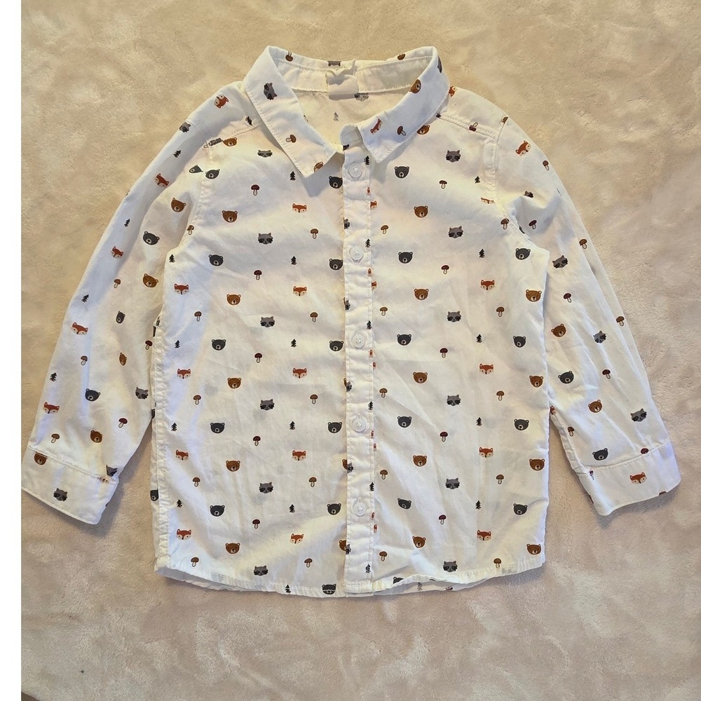 H&M Toddler Boys Woodland Animal Button Up Shirt 2T Cotton Fox Bear Forest Print